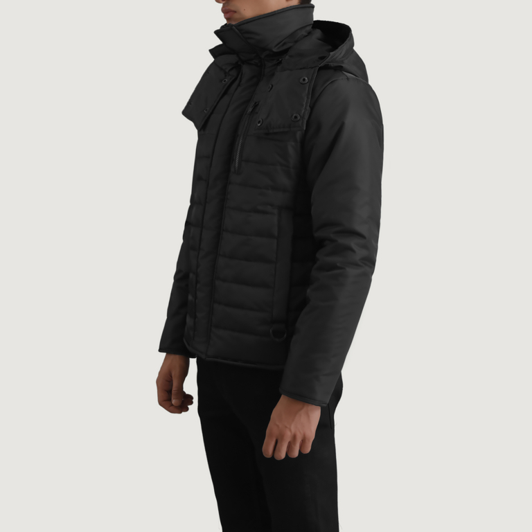Mens Malcolm Black Hooded Puffer Jacket Side Pose-3-1698747246348